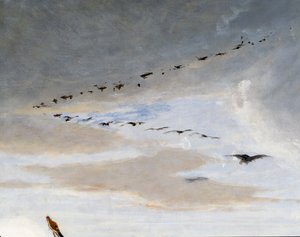 Fugler i V-formasjon, detalj fra The Triumph of Marius, maleri av Francesco Saverio Altamura (1822-1897), olje på lerret, 234x352 cm, Italia