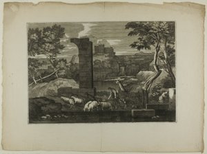 Landskap med en hyrde og flokken hans av Sébastien Bourdon