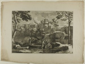Utsikt over en by (Kristus med den barmhjertige samaritan ved brønnen) av Sébastien Bourdon