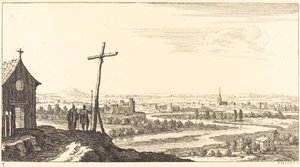 Landskap med kirke og by i avstand