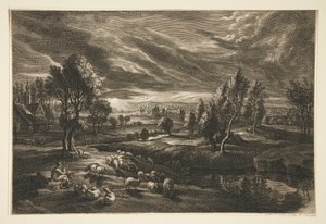 Hyrde og sauer ved solnedgang