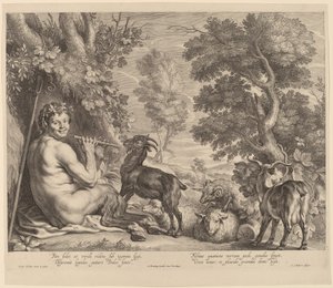 Pan spille på fløyte av Schelte Adams Bolswert after Jacob Jordaens