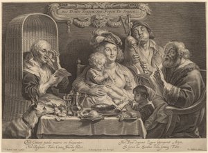 Familiekonserten (Som de gamle synger, så de unge twitter) av Schelte Adams Bolswert after Jacob Jordaens