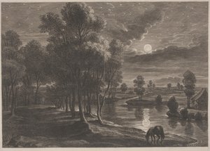 Månebelyst elvelandskap av Schelte Adams Bolswert, after Sir Peter Paul Rubens