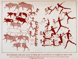 Boschimans forsvarer en flokk oksefluer mot kassen, etter et maleri utført av en boschiman på veggene i en hule i nærheten av Hermon (Sør-Afrika)