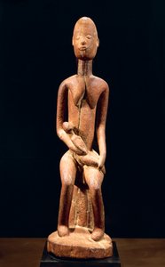 Treskulptur som viser mor og barn, av Master of Red Maternity, høyde 59 cm, Dogon stammekunst Mali