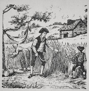En familie som høster mais (litho) av School American