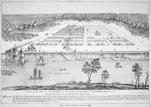 Utsikt over Savannah, Georgia i 1741 (litho) av School American