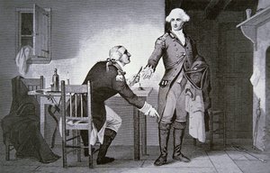 Amerikansk forræder: General Benedict Arnold instruerer Andre om å gjemme papirer i støvelen hans (litho)