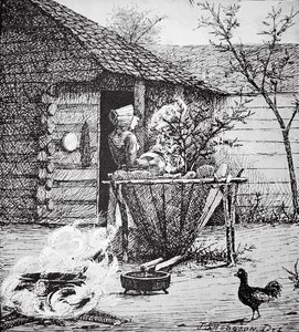 Gårdsscene - en kvinne ved et vaskekar, etter en illustrasjon av J. S. Hodgson (litho) av School American