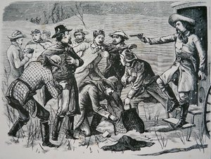 Fire banditter overmanner og plyndrer to offiserer og syv soldater nær Bismarck, Dakota-territoriet, fra 