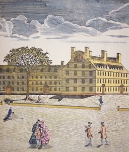 Harvard College, Cambridge, Massachusetts ca. 1740 (farge litho) av School American