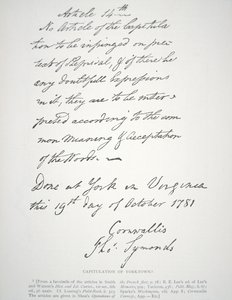 Kapitulasjonsbrev fra Yorktown, signert av Lord Cornwallis av School American