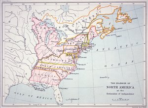 Kart over koloniene i Nord-Amerika på tidspunktet for uavhengighetserklæringen (fargegravering)