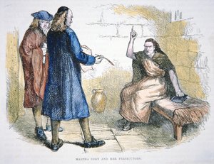 Martha Corey er anklaget for hekseri under Salem-hekseprosessene i 1692 (farge litho)