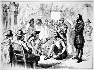 Massasoit, sjef for Wampanoag-folket, forlenger fredsrøret til John Carver i 1621 (litho)