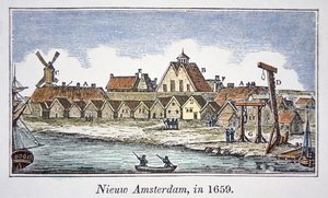 New Amsterdam (senere New York) på Manhattan Island, fra et syn publisert i 1659 (farge litho)