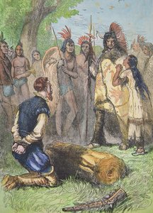 Pocahontas redder livet til John Smith (farget gravering)