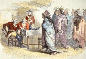 Pontiac besøker major Gladwin i Fort Detroit i 1763 (farge litho)