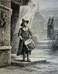 Puritanerens kirkeklokke var en trommeslager (litho) av School American