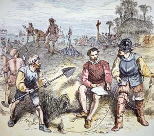 Grunnleggelsen av St. Augustine i Florida av spanjolene i 1565 (farge litho)