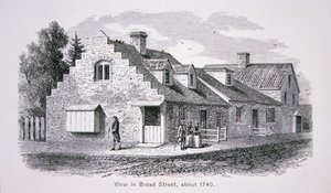 Utsikt over Broad Street, New York City ca. 1740 (litho) av School American