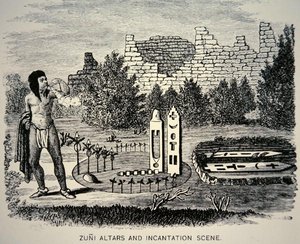 Zuni Tribesman blåser pollen over en Pueblo-helligdom (gravering) av School American