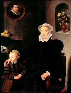 Portrett av kona til smeden og maleren fra Antwerpen Quenston med sitt barn Moren kledd i svart, bærer krage og hodeplagg. Maleri av skolen i Antwerpen. 1576 Dim. 136x108 cm Paris, Musée du Louvre av School Antwerp
