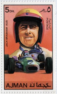 Emirates Arab Units-stempel som representerer den australske bilføreren Jack Brabham (født 1926)