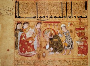 Heraclide av Taranto i apoteket. På 300-tallet oppfant den greske legen Galien theriade, som tvert imot var den første motgiften mot gift basert på valmuejuice. Miniatyr i "" Book of the Theriac (Kitab al-Diryaq)"" folio 17.