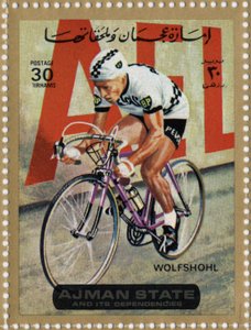 UAE-stempel som representerer syklisten Rolf Wolfshohl (Ne 1938).