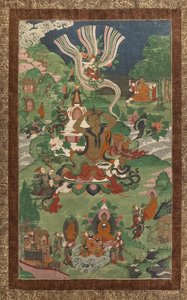 Hårklipp og andre scener. Thangka fra en oppfølger viet hovedepisodene i Buddhas liv. av School Asian
