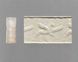 Cylinder seal and modern impression: winged horse with claws and horns, c.14th–13th century BC (chalcedony)
