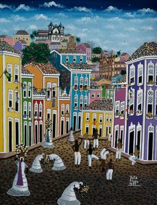 Naivt kunstmaleri som viser gatebilde, delstaten Bahia, Brasil