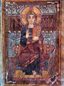 Karolingisk kunst: Kristus i majestet (i herlighet). Miniatyr fra manuskriptet "Evangeliaire de Godescalc, Ecole du Palais de Charlemagne"" (folio 3) kopi av Godescalc fra skattkammeret til Saint-Sernin de Toulouse, Bibliotheque du Louvre, 781-783. BN, Par
