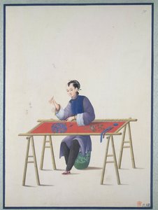 En kvinne som broderer, ca. 1800 (akvarell på papir) av School Chinese