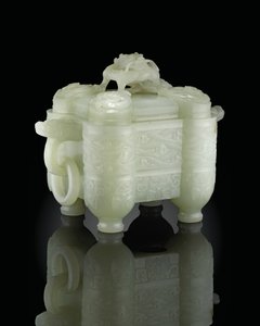 Arkaistisk kar og omslag, Tulu, Qianlong-perioden (1736-95) (blek celadon jade) (se også 619015) av School Chinese