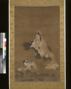 Avalokitesvara (Guanyin) På Lotus (blekk og farge på silke) av School Chinese