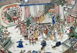 Kinesisk kunst: tradisjonell fest med konsert. Maling på porselen. 18. århundre. Paris, Guimet-museet, Nasjonalmuseet for asiatisk kunst av School Chinese