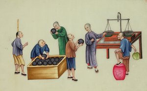 Kinesiske forhandlere som tester og veier opium, fra "The Evils of Opium Smoking" av School Chinese
