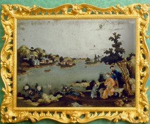 Kinesisk speilmaleri av landskap, musikk og vers (pigment på speil) av School Chinese