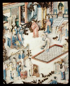 Detalj fra et panel som viser en dignitær som ser på en kvinnelig danser, Qianlong-perioden av School Chinese