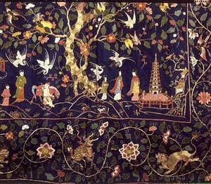 Broderte oppheng fra State Bed i Calke Abbey, tidlig på 1700-tallet (detalj) (broderi av farget silke og gulltråd) av School Chinese