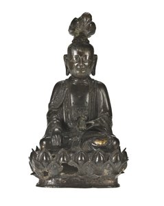 Figur av Guanyin, den kinesiske barmhjertighetsgudinnen sittende på en lotusdesignbase med en ravn på hodet og en kanin hvilende i venstre hånd av School Chinese