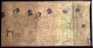 Palace Ladies at Leisure Handscroll, detalj av damer som forbereder seg til å gå ut, etter en original av Wen-chu Chou (fl.970) Southern Sung-perioden, ca. 1140 (blekk og pigment på silke) (se også 114250) av School Chinese