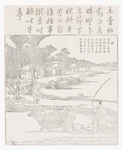 Pløying med en vannbøffel i gjørmete ris paddy. av School Chinese