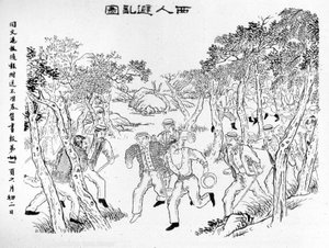 Boxer Rebellion: Europeere som kjemper mot bokserne. Illustrasjon publisert på Shanghai Journal Toung-Ouen-Hou-Pao.1899 ca. av School Chinese