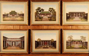 Sett med seks kinesiske paviljonger og gårdsscener, ca. 1780 (akvarell) av School Chinese
