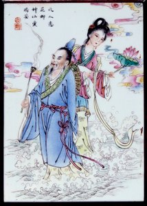 Summer Allegory En kvinne som holder en liljeblomst og en mann som holder en røkelsesring går gjennom sprayen. Maleri på anonymt porselen. Privat samling fra 1700-tallet av School Chinese