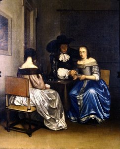 Interiørscene med kortspillere (olje på lerret)